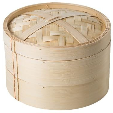 Jarsense Vaporera de bambú de 22 cm, cesta de vapor de dos niveles, incluye tapa de bambú y 2 cestas de bambú, ideal para cocina asiática, bollos, albóndigas, verduras, pescado