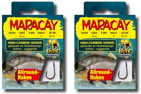 Set: 2 Packungen Behr Maracay gebundene Allroundhaken Angelhaken (16 Stück), 60cm Hakengröße 6, 8, 10, 12 je nach Auswahl + gratis Petri Heill! Aufkleber (Hakengröße 10)