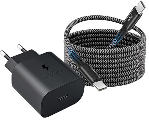 25W USB C Ladegerät, Schnellladegerät Netzteil Super Fast Charger mit 2 m PD Schnellladekabel Nylon USB Typ C Ladekabel für Samsung Galaxy S25 S24 S23 S22 Ultra S21 S20 FE S10 A55 A53 A35 A15 A14