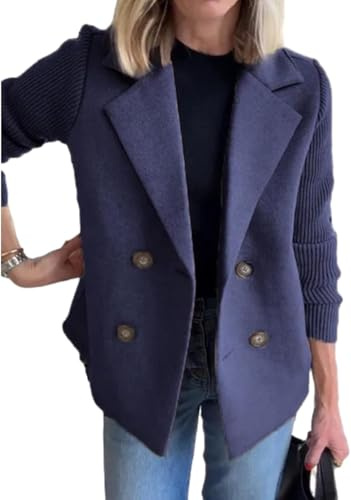 Suncadmious Giacca Casual da Donna Primaverile con Risvolto e Bottoni in Maglia con Maniche Patchwork Cravatta da Lavoro Blazer Casual in Tweed Doppiopetto (Blu,XXL)