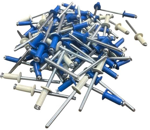 Kit de 100 remaches VITFER de 4,8 x 12 con forma de flor para matrícula de coche o moto – 60 azules y 40 blancos – Remaches resistentes surtidos para carrocería y fijaciones