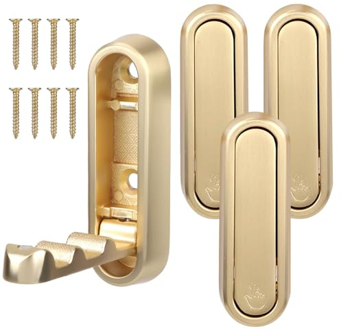 Gosknor 4uds Ganchos Pared Plegables Dorados, Resistentes Perchas Plegables para Baño Cocina Armario Entrada y Piscina Aleación Zinc Ganchos Montados Pared para Colgar Toallas Batas Bolsos Llaves
