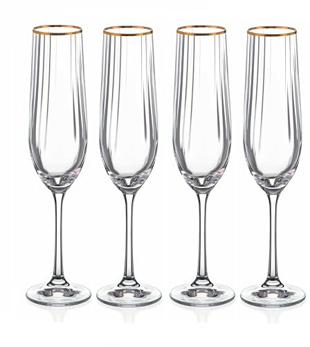 DIAMANTE Crystal Champagne Flute Glasses, Mirage Gold with Gold Rim, Optical Wave Pattern Effect, 190ml, Set of 4
