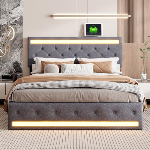 Sängram 180 x 200, vadderad dubbelsäng med 4 lådor, med LED-belysning och USB-laddning, justerbar vadderad sänggavel, för vuxna och tonåringar, utan madrass (mörkgrå, 180 x 200)