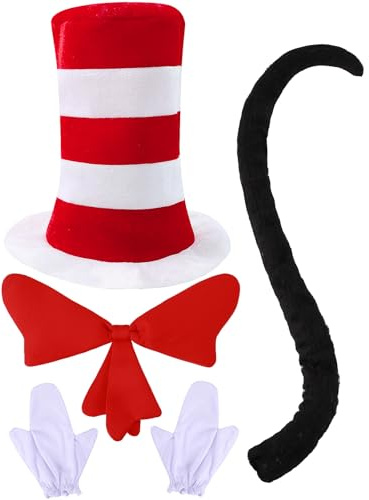 COSAVOROCK 4Pcs Red and White Striped Stovepipe Tall Hat Book Day Costume Accessories Set, One Size