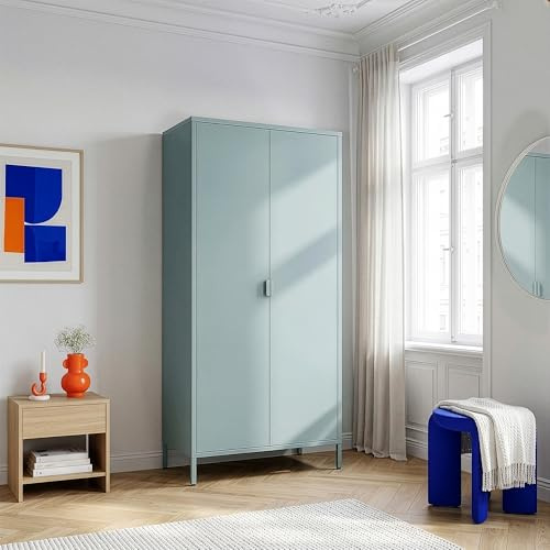 [en.casa] Armadio Guardaroba a 2 Ante e 2 Barre Aste Appendiabiti Armadio in Acciaio con Vano Portabiti e 4 Ripiani Regolabili per Camera da Letto Ingresso 170 x 80 x 45 cm - Verde Menta