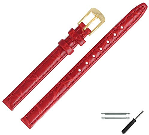 MARBURGER Uhrenarmband 8mm Leder Rot Gold Kroko (Caiman) Prägung Mit Naht - Montage Set 5290840000220