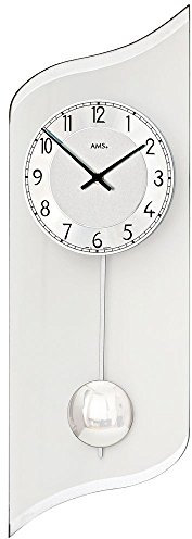 AMS 7436 Reloj de pared con esfera de aluminio en plata, reloj de péndulo con movimiento de cuarzo moderno, caja de cristal impresa, números arábigos, reloj con péndulo para salón, tamaño: 19 x 55 x 4