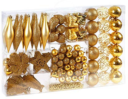Deuba® Weihnachstkugeln 102tlg Ø 3-6cm Kunststoff matt glänzend Christbaumkugeln Christbaumschmuck Anhänger Weihnachtsbaumkugeln Weihnachtsdeko Gold