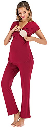 rismart Conjunto de Pijama de Maternidad Camisetas de Manga Corta y Pantalones Largos Premamá Lactancia Camison(Rojo,L)