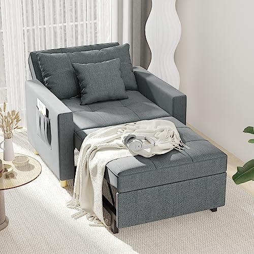Esright Sleeper Chair, 3-1 Convertible Chair Bed Pull Out Single Sofa Bed with Adjustable Backrest, 2 Pillows, Side Pocket, Upgrade Memory Foam Armchair for Space Saving, Apartment, Office, Dark Grey