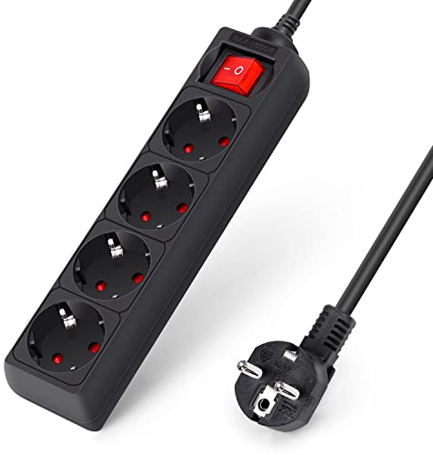 Aigostar Regleta de Enchufes con 4 Tomas,Regleta Alargador con Cable de 3 Metros e Interruptor,Negro