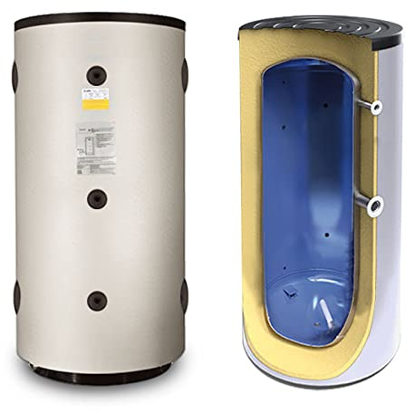 Volante térmico para el almacenamiento de agua técnica tanto caliente como fría, con conexiones de gran tamaño para permitir el drenaje de altas caudal (200 litros)