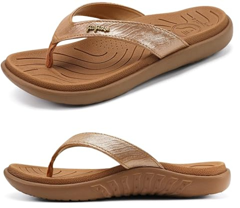 jiajiale Flip Flops Damen Mode Orthopädische Leder Stoff Leicht Zehentrenner Frauen Bequeme Yoga Fußbett Badelatschen Sommer Strand Rutschfest Feste Gummi Sohle Khaki EU39