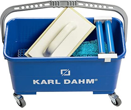 Karl Dahm Rollenwaschset-Express inkl. Mikrofaserhandschuh I Waschset für Fliesenleger I Fliesen-Wascheimer mit Rädern I Fliesen-Wasch-Set Profi mit untenliegendem 3-Rollenaufsatz – 15425