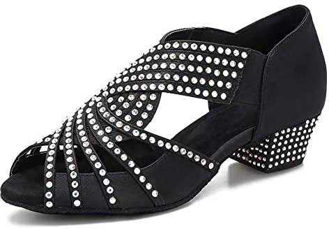 HIPPOSEUS Zapatos de Baile Latino de Salón Mujer Negro Tacon Bajo 3 cm Rhinestones Punta Abierta Salsa y Bachata Tango Práctica Calzado para Bailar, 36 EU