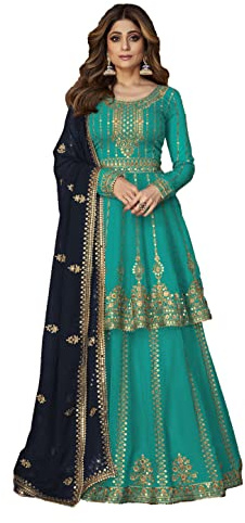 Shriva Fashion Indian Pakistani traditional rich look lehenga type georgette salwar kameez suit for women with dupatta (2404) (Turquoise, Medium)