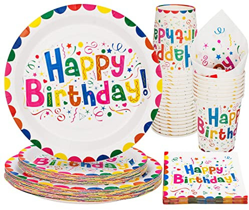 PARTY GO 100PC Geburstag Partygeschirr Pappteller Set Bunte Partyteller Partybecher Servietten Geburstag Pappteller Kindergeburtstag Mädchen Junge für 25 Gäste