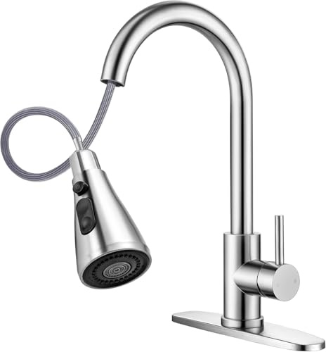 Kitchen Faucets Brushed Nickel Pull Out Kitchen Sink Water Tap Deck Mounted Mixer Stream Sprayer Head Hot Cold Taps with Pull-Down-Sprayer Farmhouse Camper Laundry Rv Bar