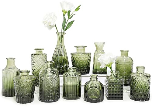 SUPMIND Lot de 12 Petits Vases à Bourgeons en Verre - Vases à Fleurs Vertes pour Centres de Table, Mini Vintage pour Mariage, Maison, Décoration de Table