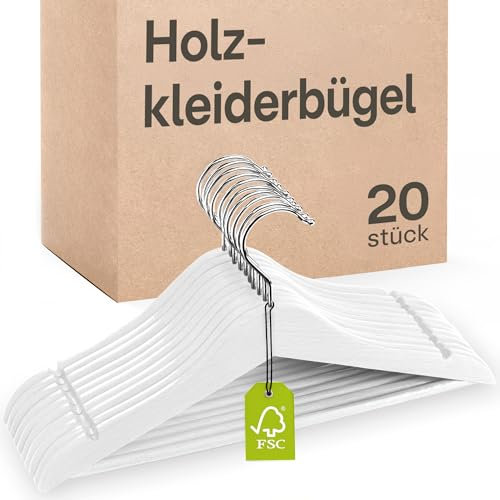 Praknu Grucce in Legno Bianco 20 Pezzi - Gancio Girevole a 360° - Incavi sulle Spalle - Con Barra per Pantaloni - Legno Massiccio Certificato FSC - Salvaspazio