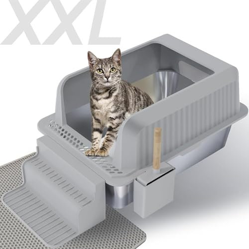 Caja de Arena Para Gatos Grande, Arenero Gatos Grande XXL Acero Inoxidable, Cat Litter Box Abierta con Pala, 60,5 x 40,5 x 30 cm, Alfombrilla Antideslizante, a Prueba de Fugas y Fácil de Limpiar