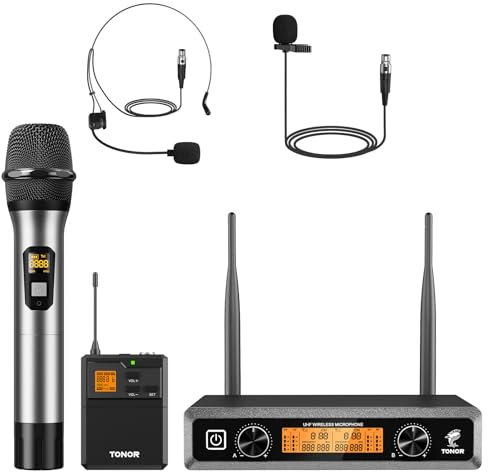 TONOR Wireless Microphones System with Metal Cordless UHF Handheld/Headset/Lapel Lavalier Mics, Bodypack Transmitter, Receiver, 2*15 Channels 200ft Range for Karaoke Church Singing Party PA DJ Speaker