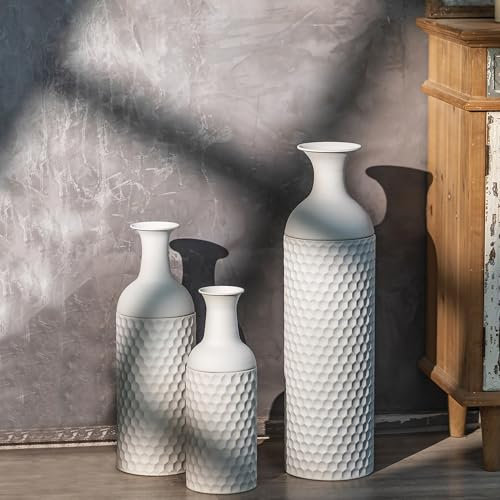 Sziqiqi Bodenvase Groß Weiß: 68/51/41 cm Hohe Metall Bodenvasen Set of 3 Extra Große Bodenvasen für Pampasgras Moderne Bodenvase mit Wabenstruktur für Wohnzimmer Kamin Flur Ecke Büro