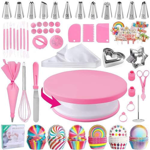 Cake Decorating Tools Supplies Kit, WIGUROE Cake Decorating Kit, 255pcs Cake Making Kit Baking Supplies Tools with Cake Turntable for Decorating, Pastry Piping Bag for Beginner (Pink)