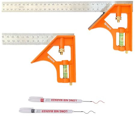 FEETE Juego de escuadras combinadas 150mm & 300mm, Escuadra de carpintero para trabajos pesados, Escuadra combinada con niveles de burbuja para mediciones precisas y ajustables en carpintería