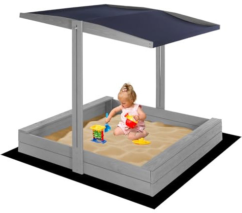 Sandkasten mit Dach 120 cm – Holz Sandkasten mit Abdeckung & Sitzbank, imprägniert & wetterfest, höhenverstellbares Sonnendach, Spielplatz für Kinder – SPRINGOS