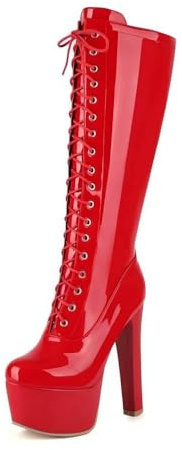 Veelau Meieer Women's Knee-High Platform Boots Lace-Up Boots with Platform Block Heel, red, 6 UK