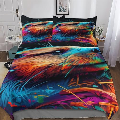 LTTTT Beaver Duvet Cover Set 3D Bedding Set Microfiber Comforter Cover 2PCs with Pillow Shams, Soft Quilt Covers for Kids Adult Single(135x200cm)
