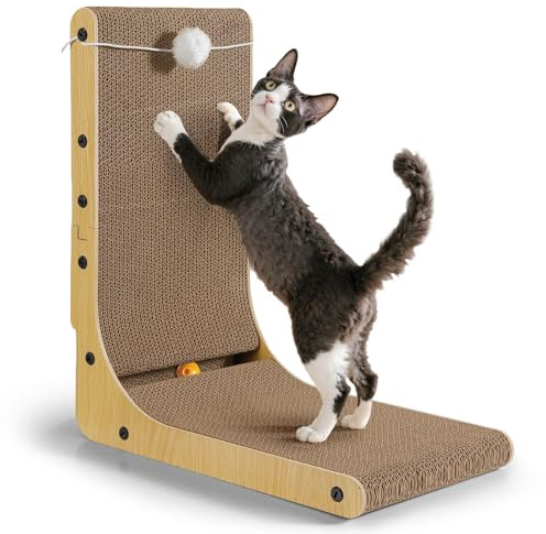 Gimars Griffoir Chat Carton en Forme de L 47 cm, Épais avec Boule à Grelot, Grande Taille à Fixer au Mur, Jouet pour Protéger Meubles et Canapés