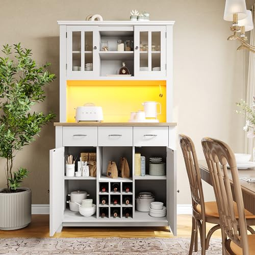 YuQozii Armario de cocina, armarios de cocina altos, armarios de vitrina con estantes ajustables, iluminación ambiental, aparadores (cajón blanco)