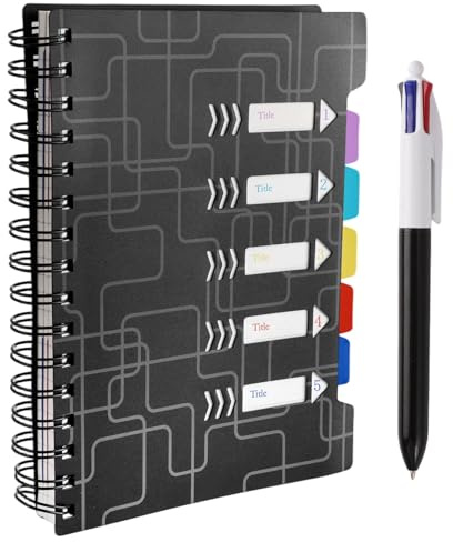 Libreta con Separadores Oficina, Libreta A5 con Separadores, Libreta con Líneas y 5 Separadores, A5 Cuaderno Espiral con Etiquetas, Cuaderno Libretas con Separadore, para Universidades, Oficinas