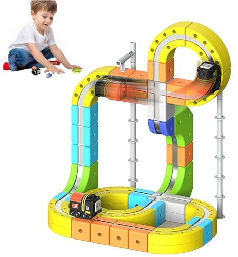 Clickrail Set di traini magnetici per auto, Electric Train Set, set di binari magnetici fai da te per bambini, Blocchi Magnetici e Treno Motorizzato, layout incorporati 3D anti-gravità (105PCS)