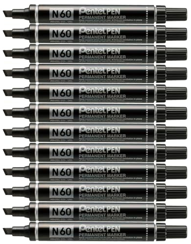 Pentel Pen N60 Marcatore Permanente Punta Scalpello Nero 12 Pezzi