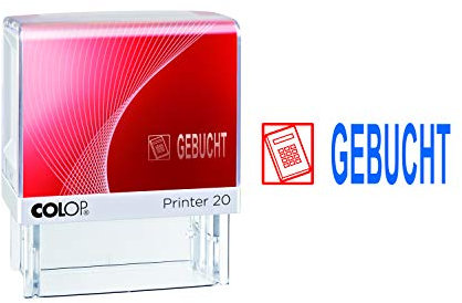 COLOP Printer 20 Text-Stempel GEBUCHT und Piktogramm, Abdruckfarbe blau-rot. Fertigstempel mit Lagertext und 2-farbigem Kissen
