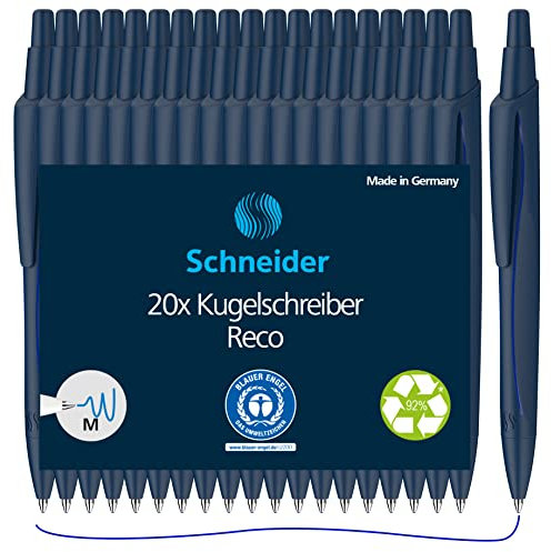 Schneider Reco Kugelschreiber (Aus recyceltem Kunststoff, ausgezeichnet mit Der blaue Engel, Schreibfarbe: Blau) blau, 20er Pack