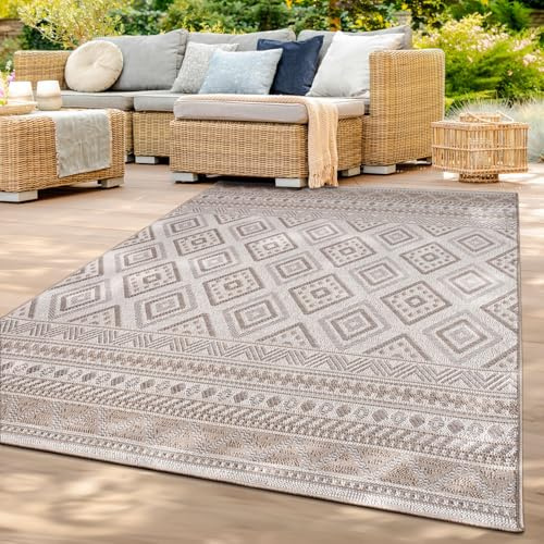 TT Home In-& Outdoor Teppich Wetterfest Balkon Küche Wohnzimmer Boho Rauten Design, Farbe: Beige 2, Größe:160x220 cm