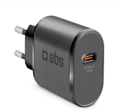 SBS Alimentatore USB-C 15W, Ricarica Rapida, Adaptive Fast Charge (AFC), Compatto, Caricatore per iPhone, iPad, Airpods, Samsung, Pixel, Tablet, Smartphone, Nero