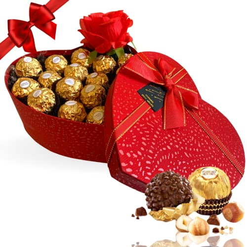 NARAMAKI® Idea Regalo Pasqua 2025 e Festa della Mamma 2025 - Scatola a Cuore Elegante + 16 Cioccolatini Rocher Classico + Rosa Rossa Artificiale (ROCHER)