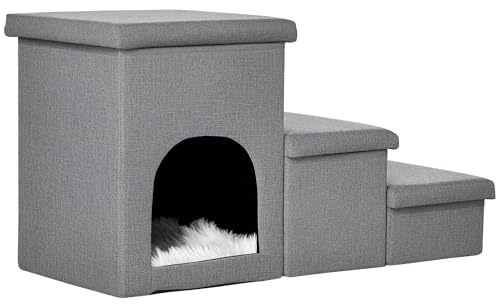 PawHut Escalera para Perros Escalera Rampa para Mascotas de 3 Peldaños con Tapas 3 Cajas de Almacenamiento Cueva y Cojín Lavable para Cama Sofá 73,5x33x40,5 cm Gris
