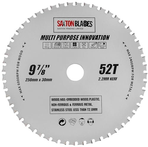 TCT25052TMPT Saxton TCT - Hoja de sierra circular multiusos (250 mm x 52 dientes, para madera y metal, compatible con Bosch, Dewalt, Ryobi, Makita, etc