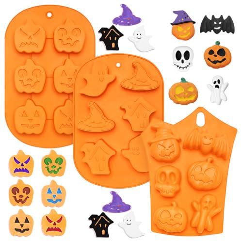 3 Stück Silikonform Halloween Backen, Halloween Backform Kürbis, Halloween Kuchenform, Schokoladenform, Hexe Totenkopf Silikonformen, Herbst Silikon Backformen Halloween Kekse Tortendeko