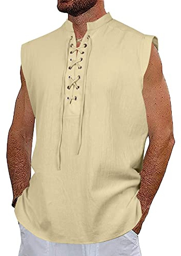 NANAMEEI Chemise Medievale Homme sans Manches en Lin et Coton Costume Pirate Vintage Col Mao Tunique Lacet Viking