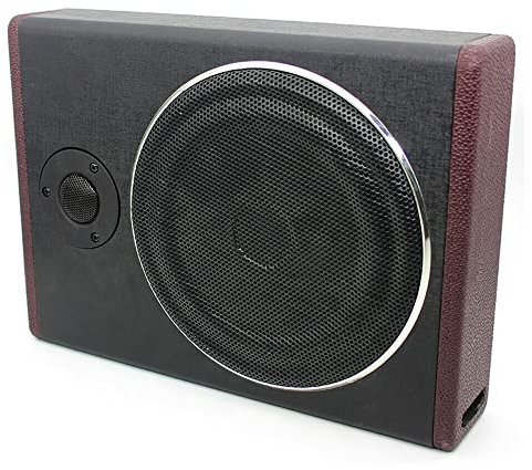 Queeucaer Subwoofer piatto per auto, basso attivo, set attivo ultra compatto, sotto il sedile, corpo in legno rivestito in pelle PU, riduce le vibrazioni, nero