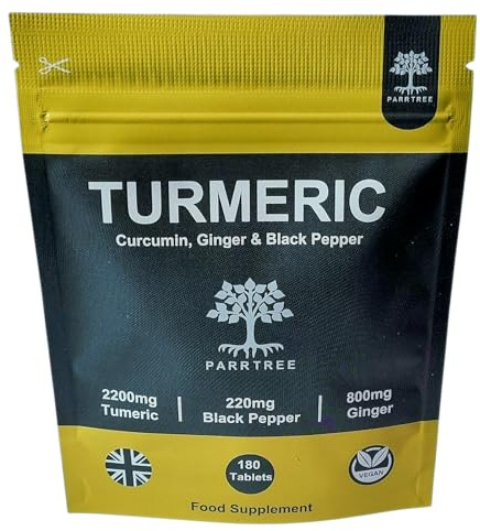 Turmeric Tablets 2200mg with Black Pepper and Ginger - 180 Tablets - High Strength 95% Curcumin Supplement - Tablets not Capsules - Vegan and Gluten Free - Made in The UK