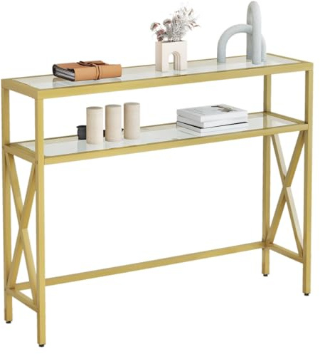 YMYNY Konsolentisch, Gehärtetes Glas Sofa Tisch, Industrieller Eingangstisch für Flur, Schmaler Sofastisch mit Regalen, Kompakter Anzeigetisch für kleine Räume, 101×25×80.5CM Golden HGD007G